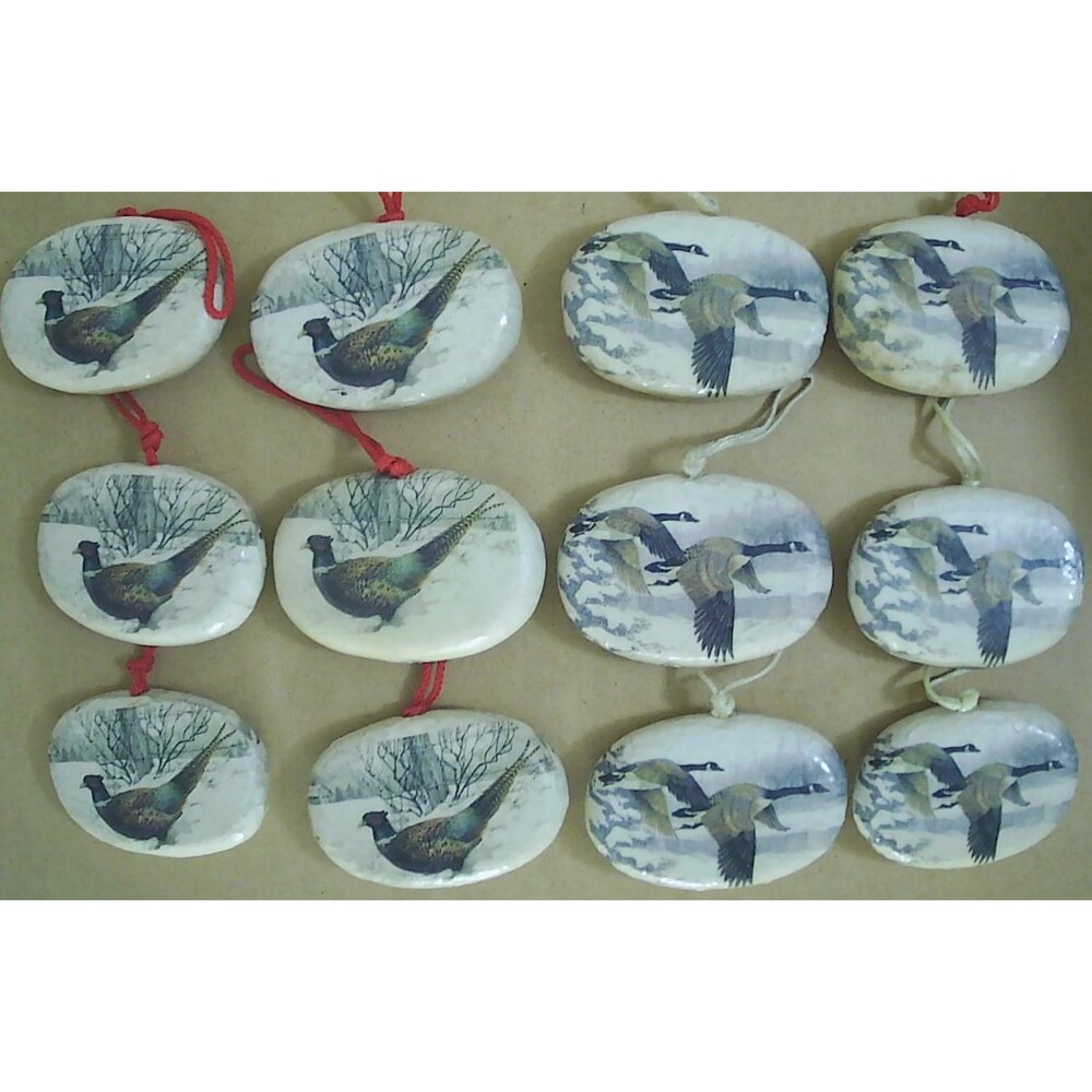 Set of 12 VTG Midwest Importers Paper Mache/Decoupage Geese/Pheasant Ornaments